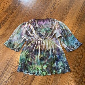 Y2K Multicolor Babydoll Sheer Top Whimsigoth Dark‎ Fairy Core Festival Witchy